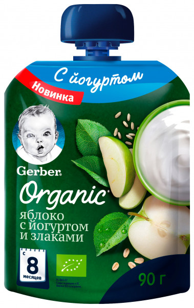 Пюре детское Gerber Organic Яблоко с йогуртом и злаками, 8m+, 90 гр